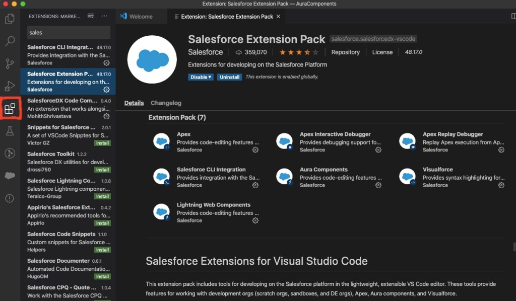 Install Salesforce Extension Pack by clicking Extensions Icon