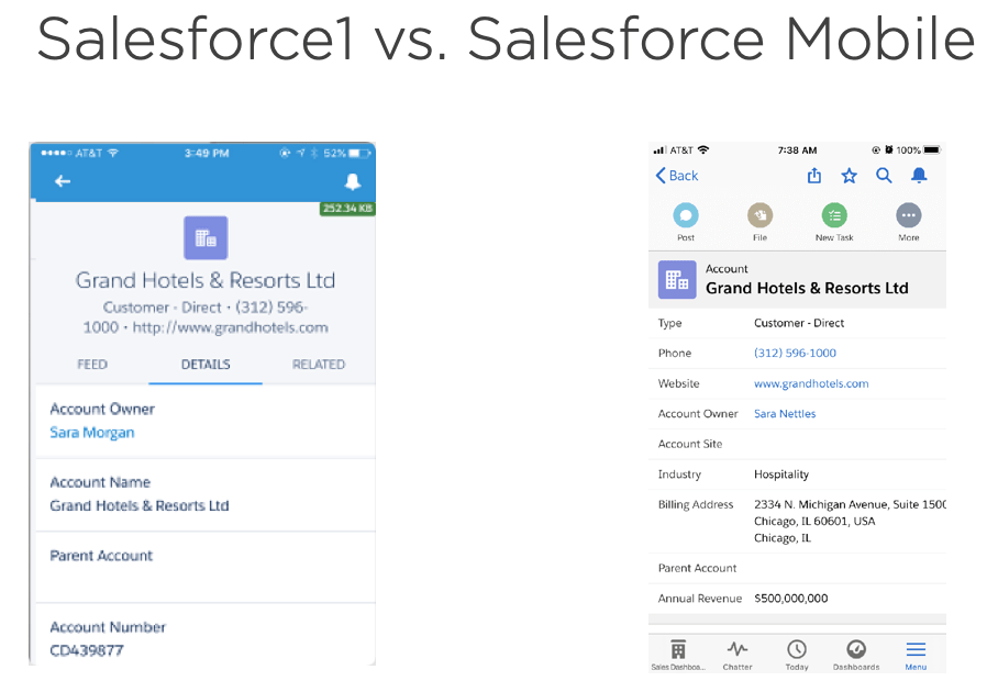 Image comparison of Salesforce1 (left) vs New Salesforce Mobile App (right)