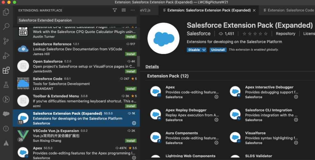 Select the Extended Expansion Pack though the Extensions icon in Visual Studio Code